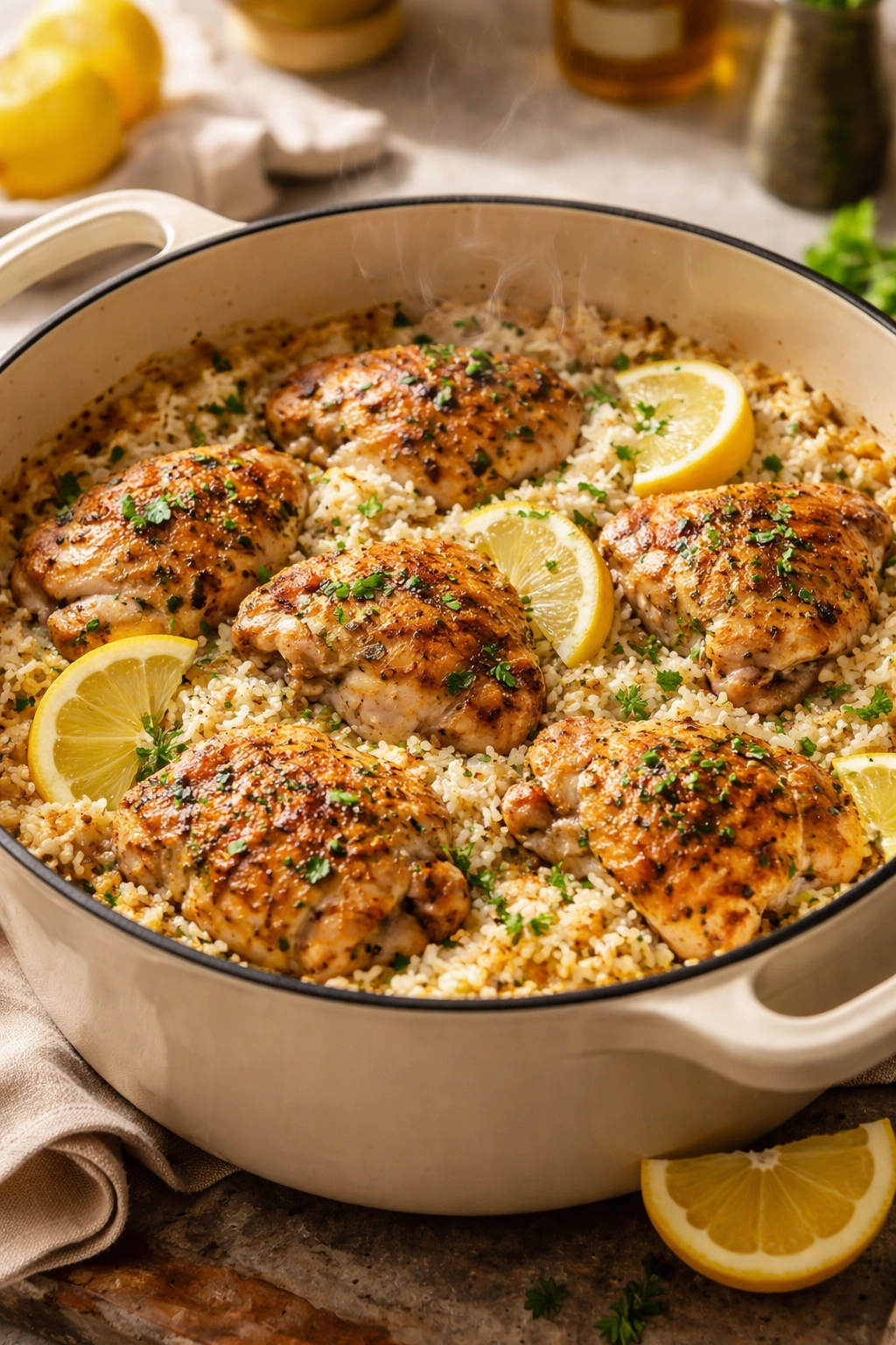 One-pot lemon garlic chicken and rice in a Dutch oven.