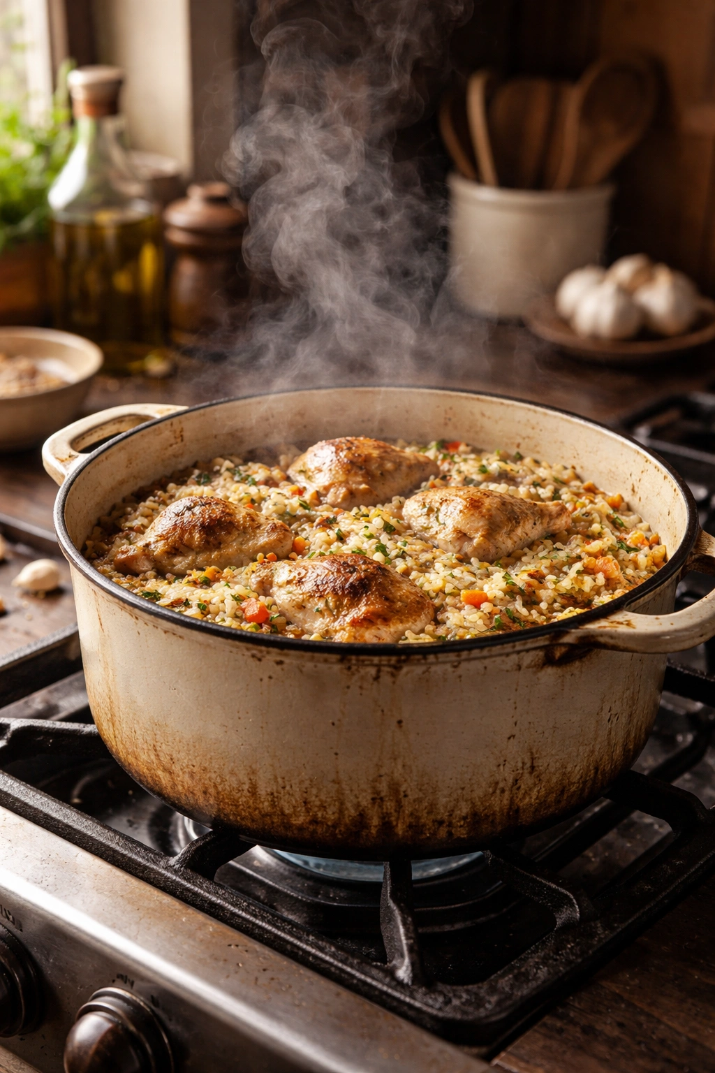 Enamel pot steaming on stove, representing a classic one-pot meal's history