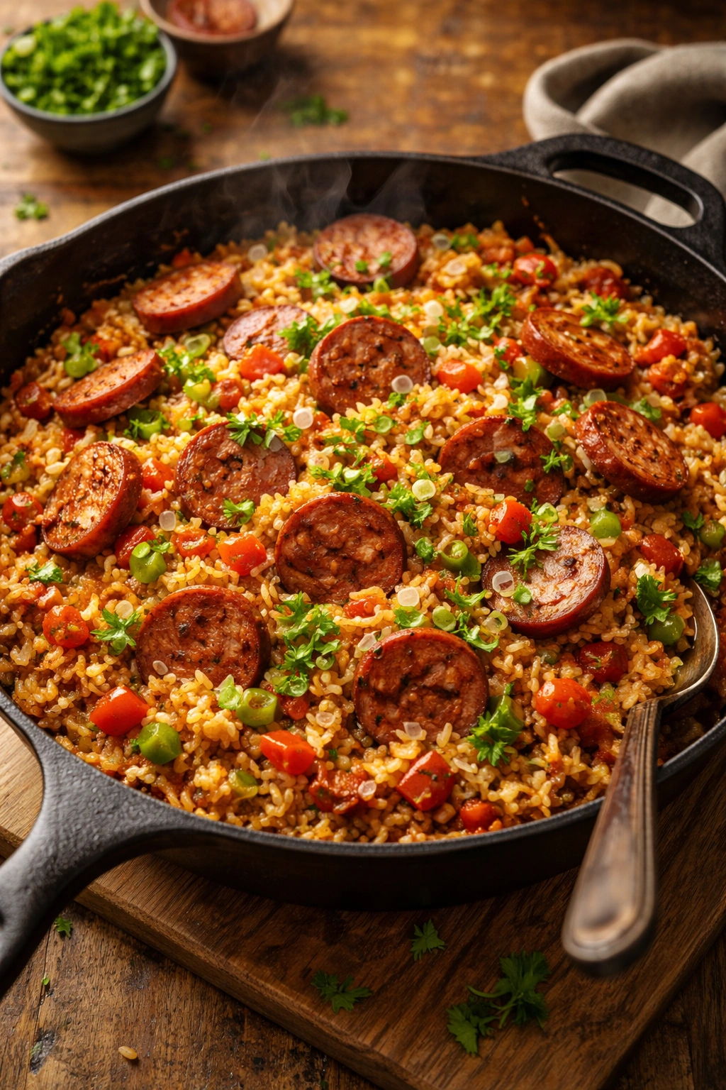 Cast-iron skillet with Cajun rice and sausage steaming on a wooden counter