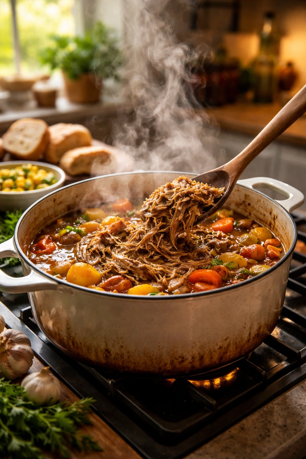 Steam rising from a pot of pulled pork and vegetables on stove