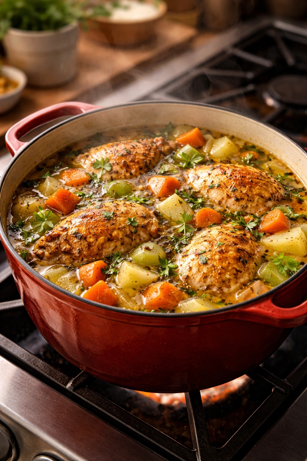 Cast iron Dutch oven with chicken and vegetables simmering in broth