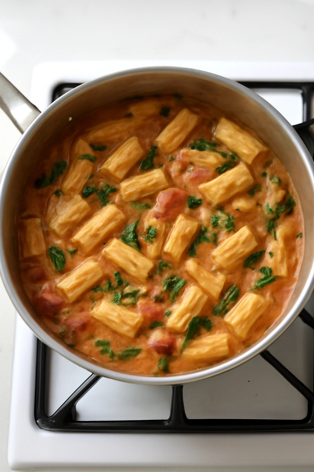 Pot of pasta cooking in flavorful broth