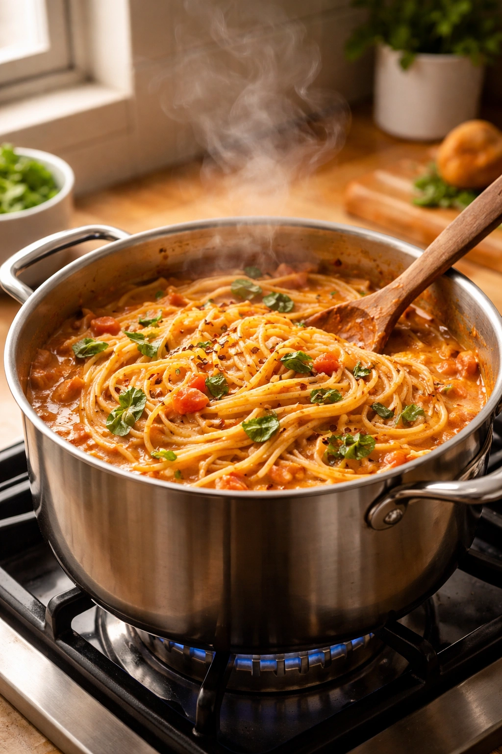 Close-up of a pot with creamy tomato pasta steaming on a stove