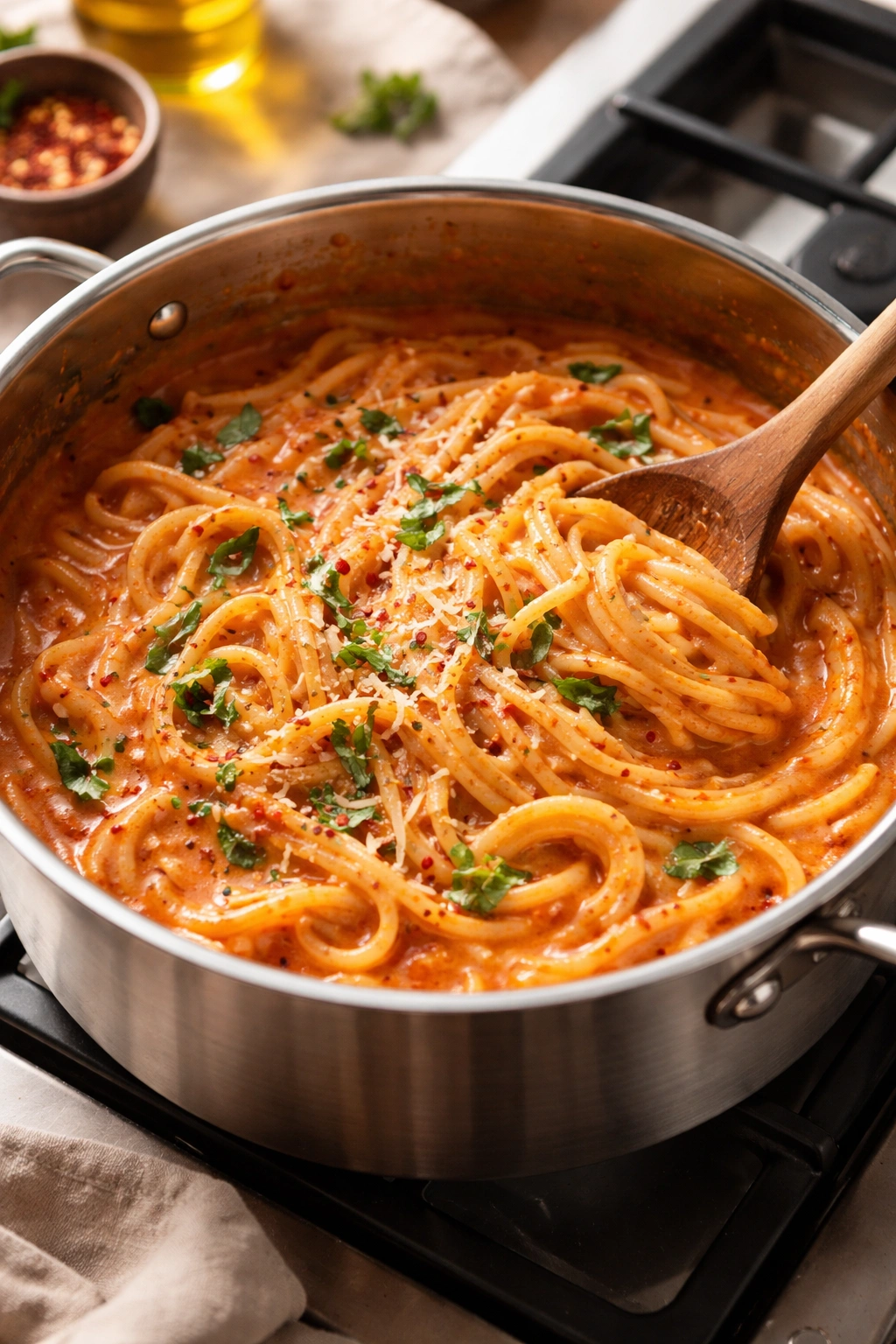 Close-up of creamy tomato pasta in a single pot with glossy sauce