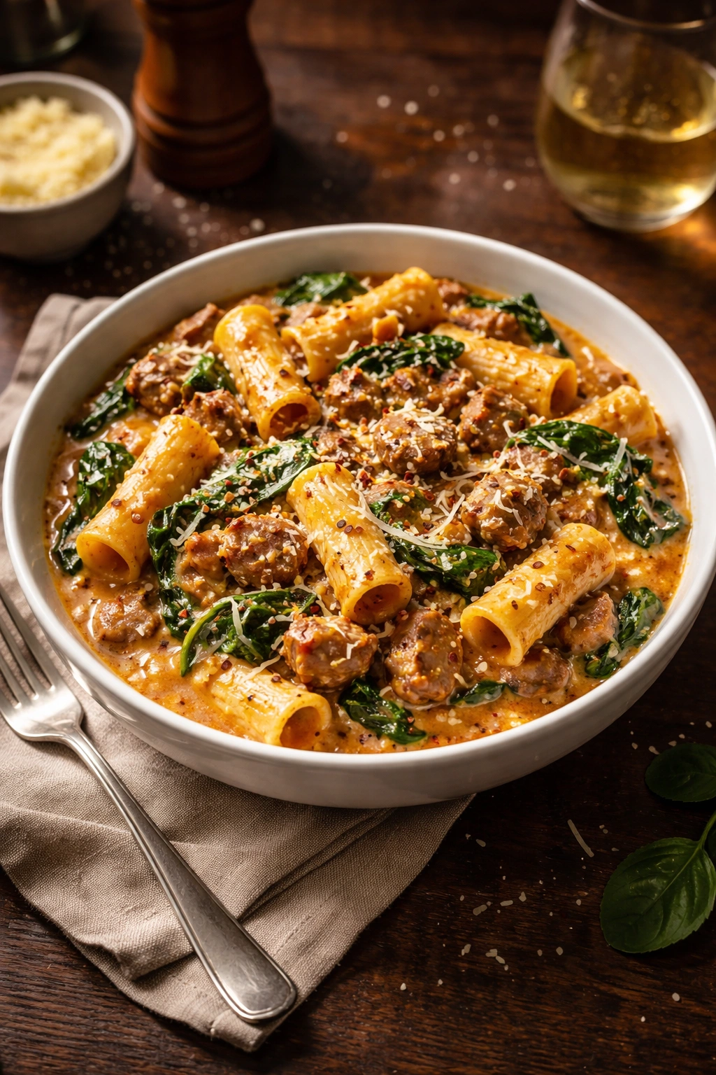 Steaming creamy sausage rigatoni in white bowl on dark wood table