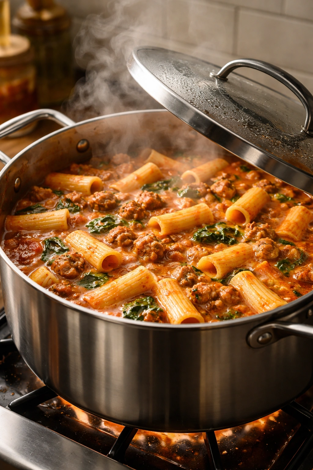 Simmering pot of sausage rigatoni in sauce with lid