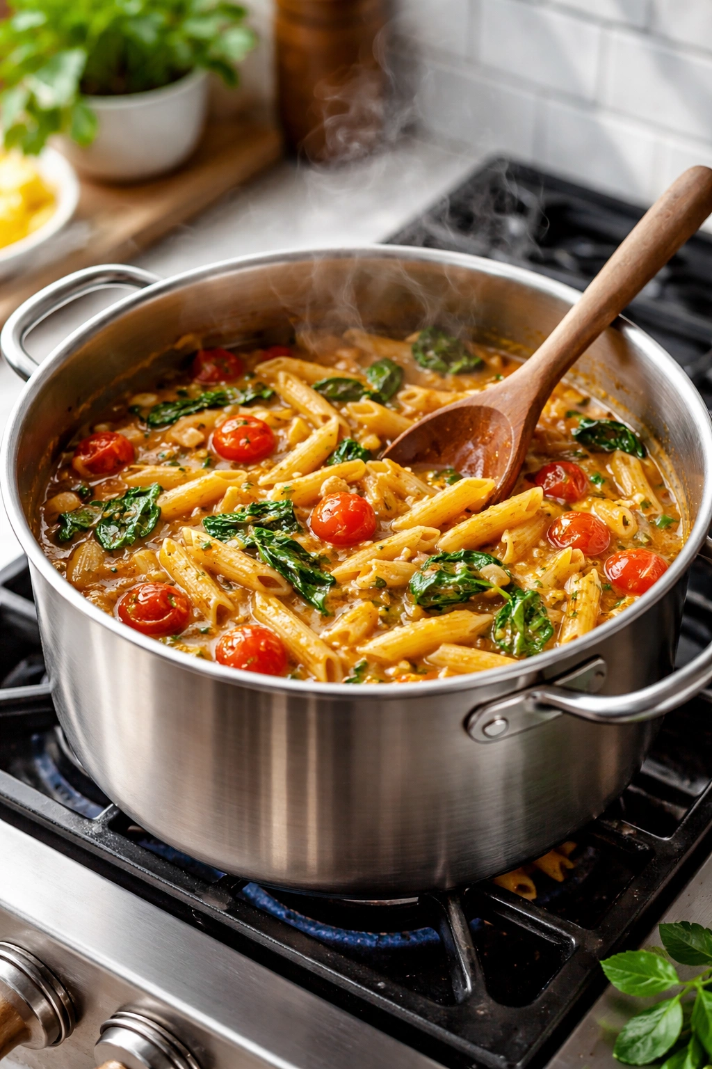 Pot on stove with pasta simmering and steam rising to demonstrate the one-pot technique