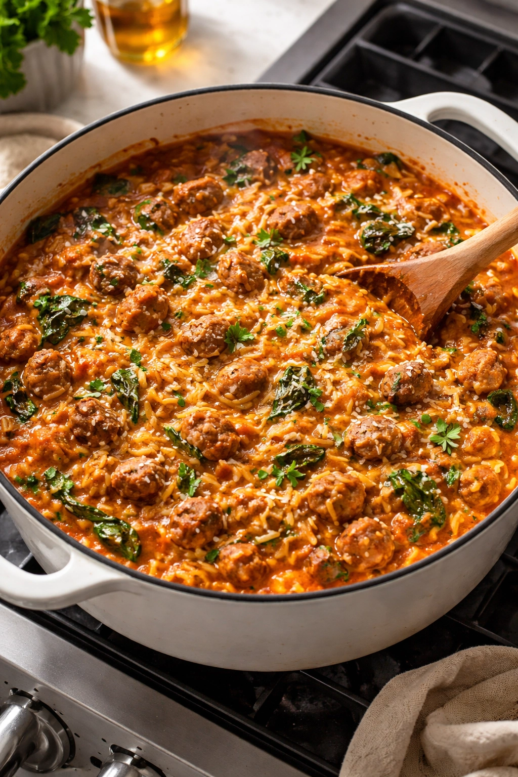Close-up of one-pot sausage and orzo dish with sausage pieces and orzo in tomato broth