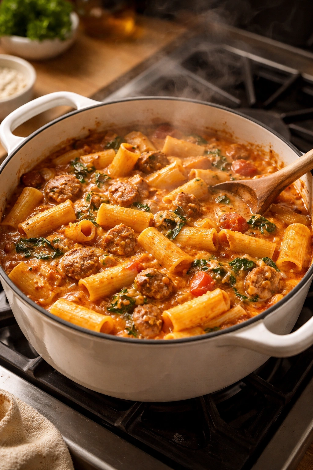 Pot of sausage rigatoni in creamy tomato sauce with steam