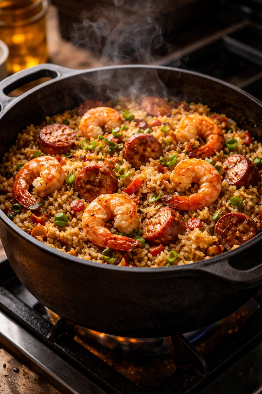Cast-iron pot with sausage, peppers, onions and rice in a steam-filled one-pot dish.