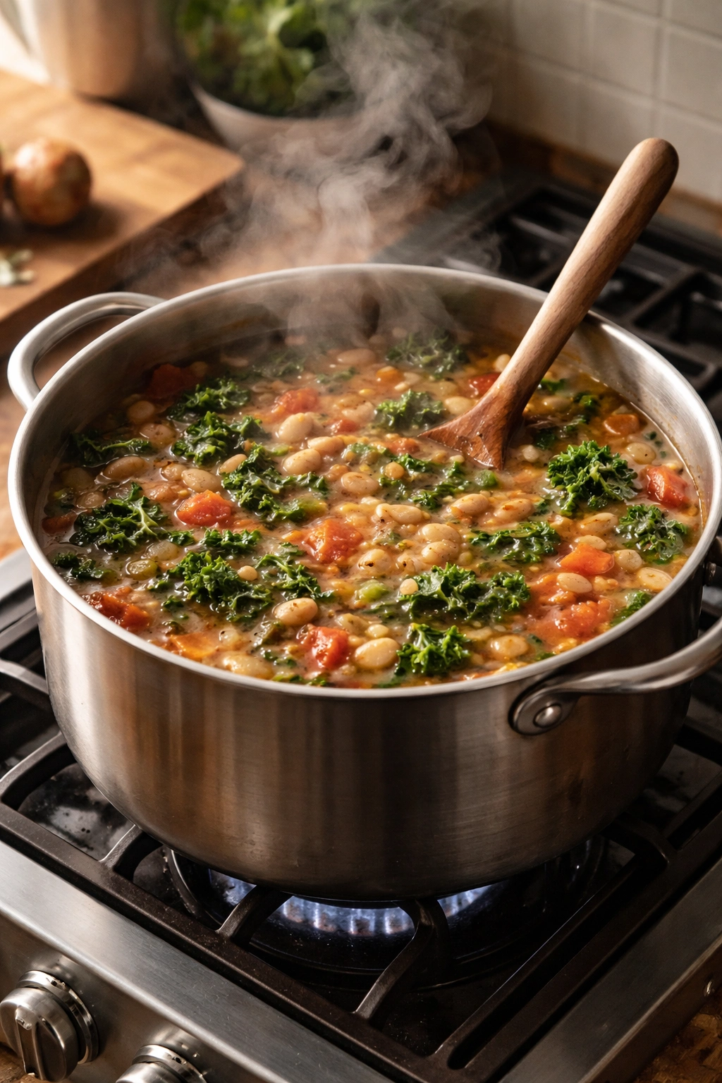 Steam rises from a hearty one-pot soup in a large pot on the stove