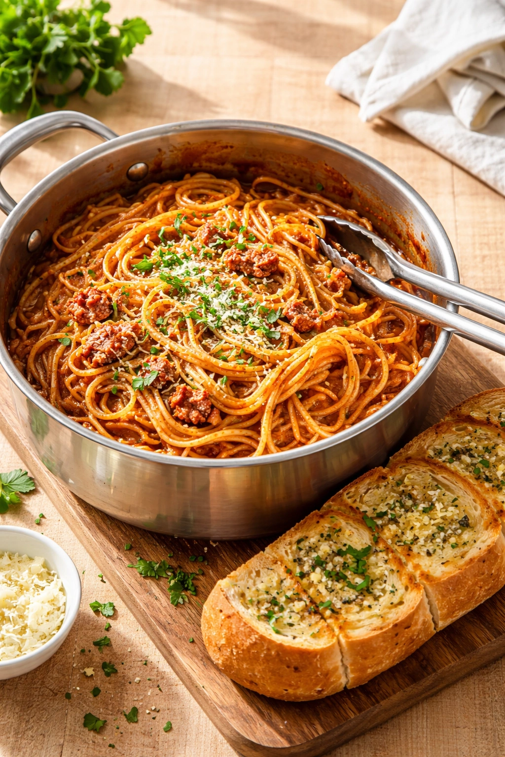 One-Pot Spaghetti with Marinara in a large pot and garlic bread on a plate beside it