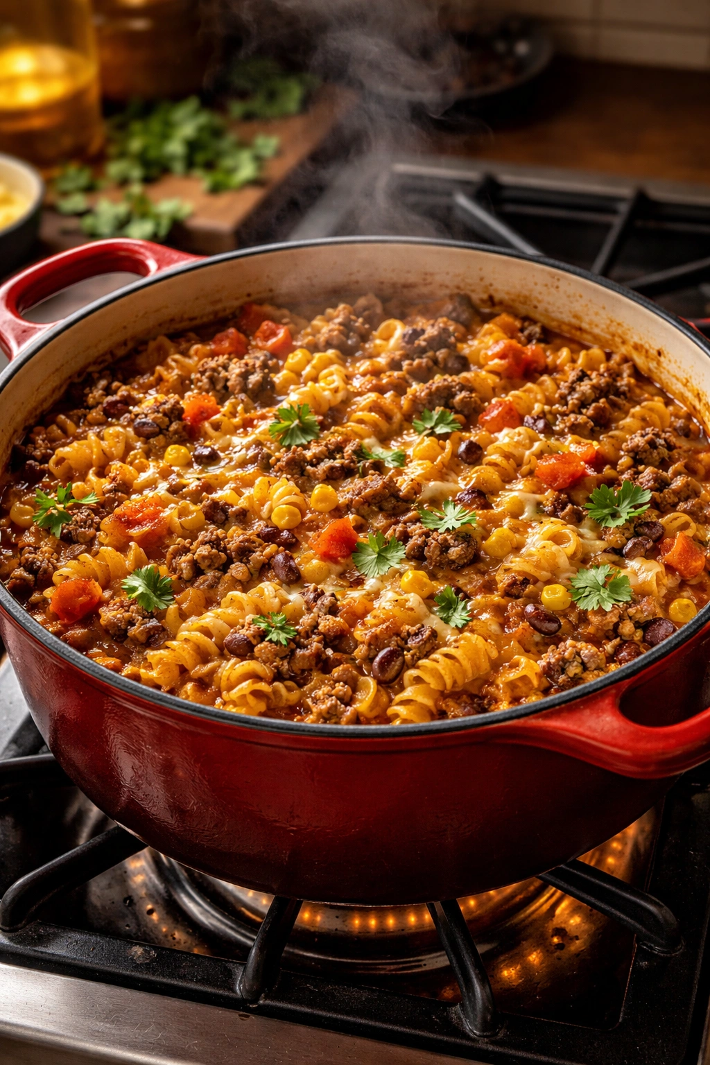 Pot of one-pot taco pasta with beef and onions simmering on stove