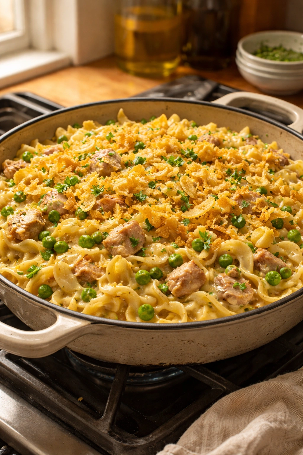 Creamy tuna noodle casserole in skillet with peas and potato chip topping