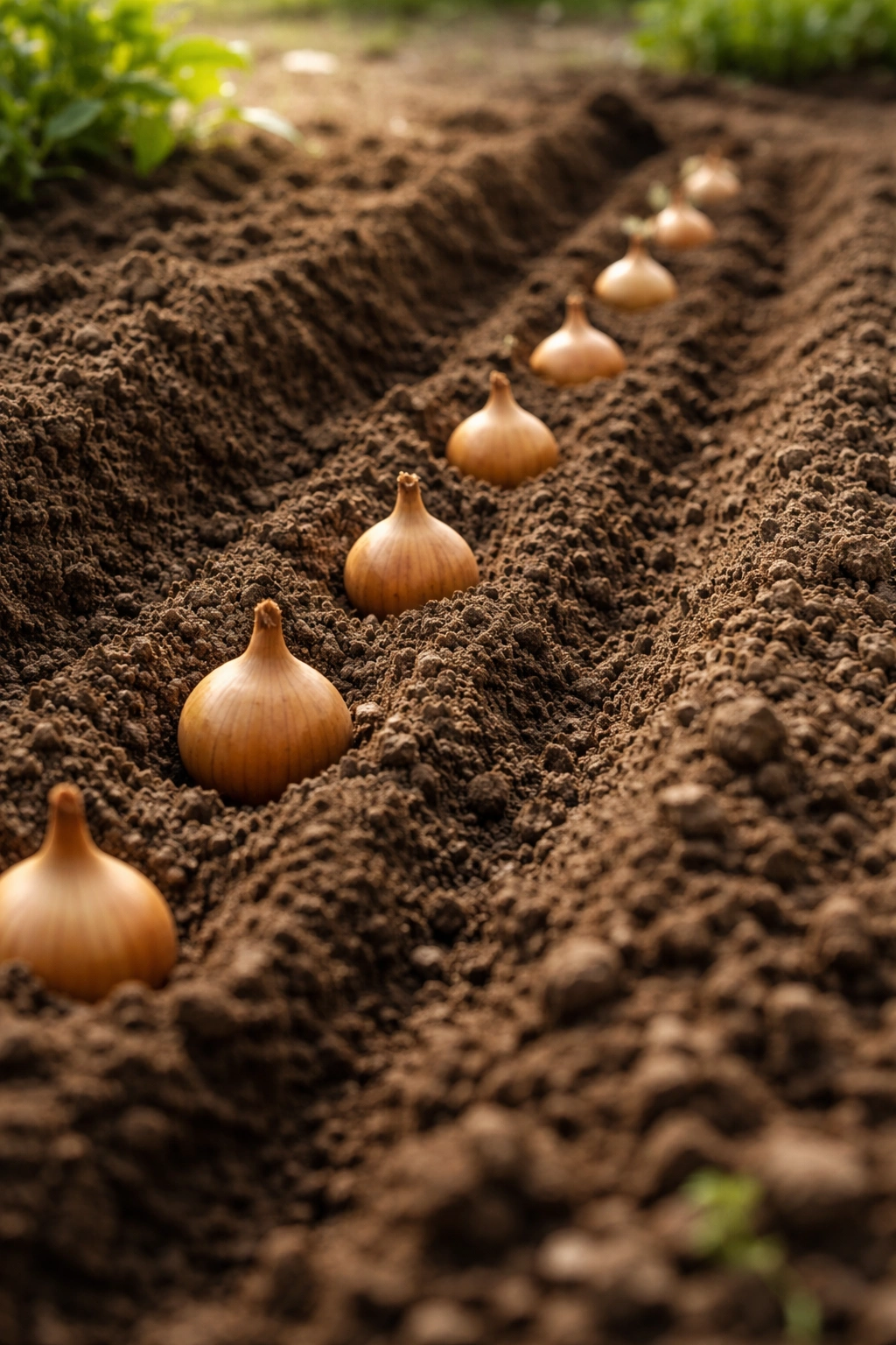 Onion bulbs planted in evenly spaced furrows in a garden bed