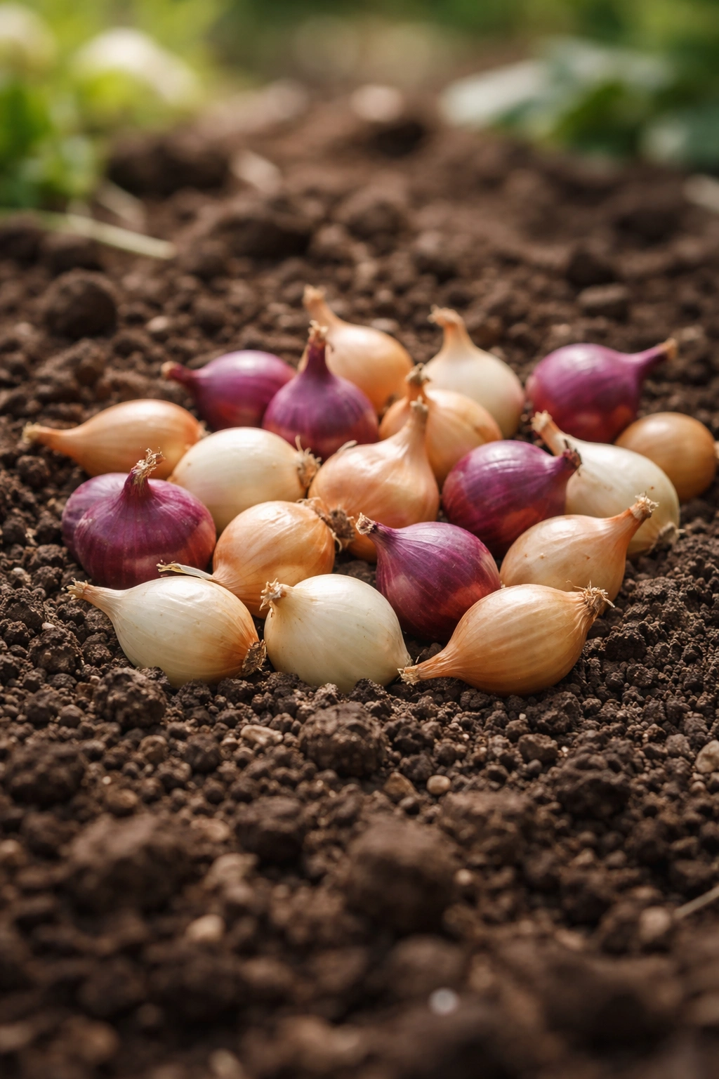 Close-up of small onion sets on soil ready for planting