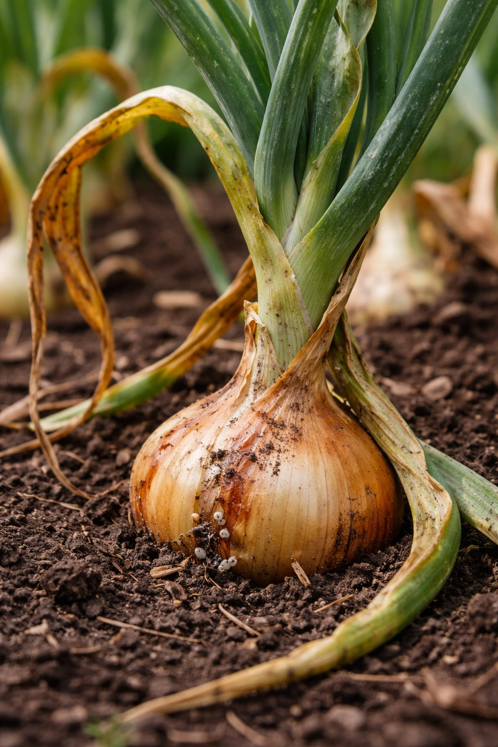 Close-up of onion plant with yellowing leaves and pest damage in a garden bed