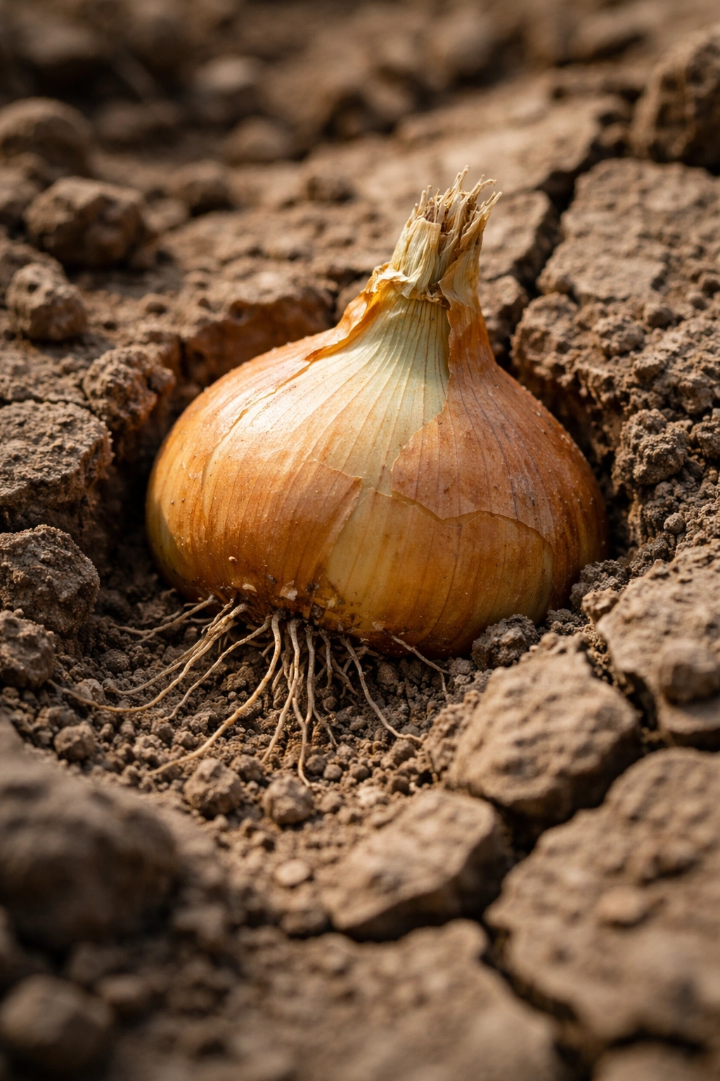 Close-up of an onion bulb with dry soil, illustrating growth-slowing mistakes