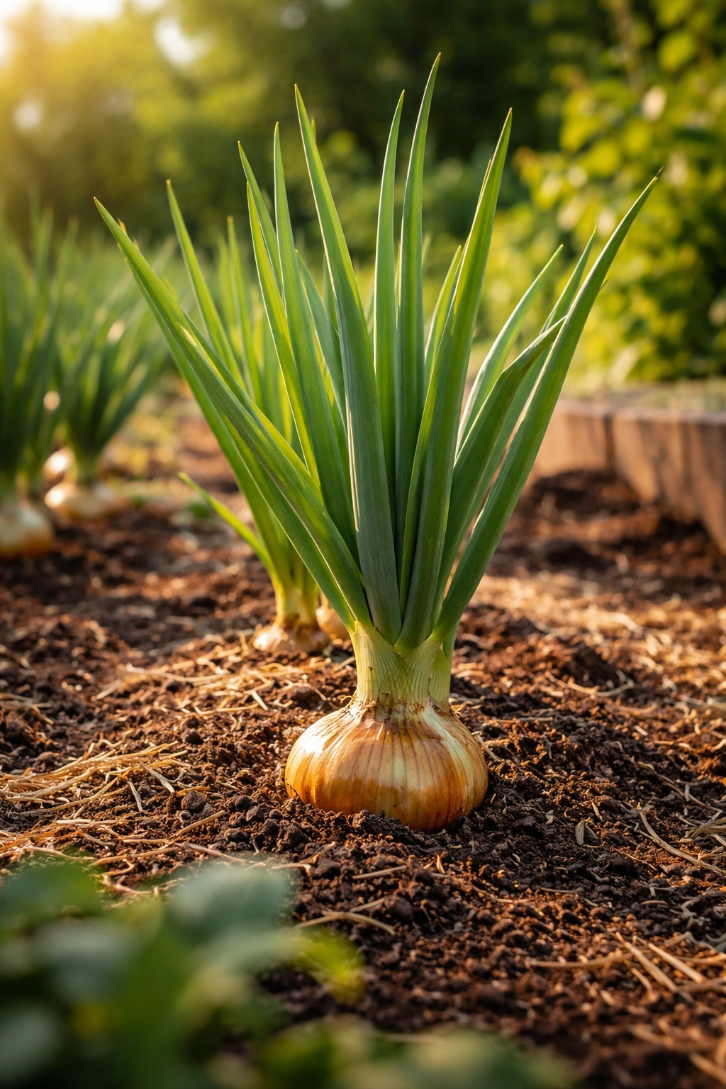 Robust onion plant in rich soil indicating faster growth