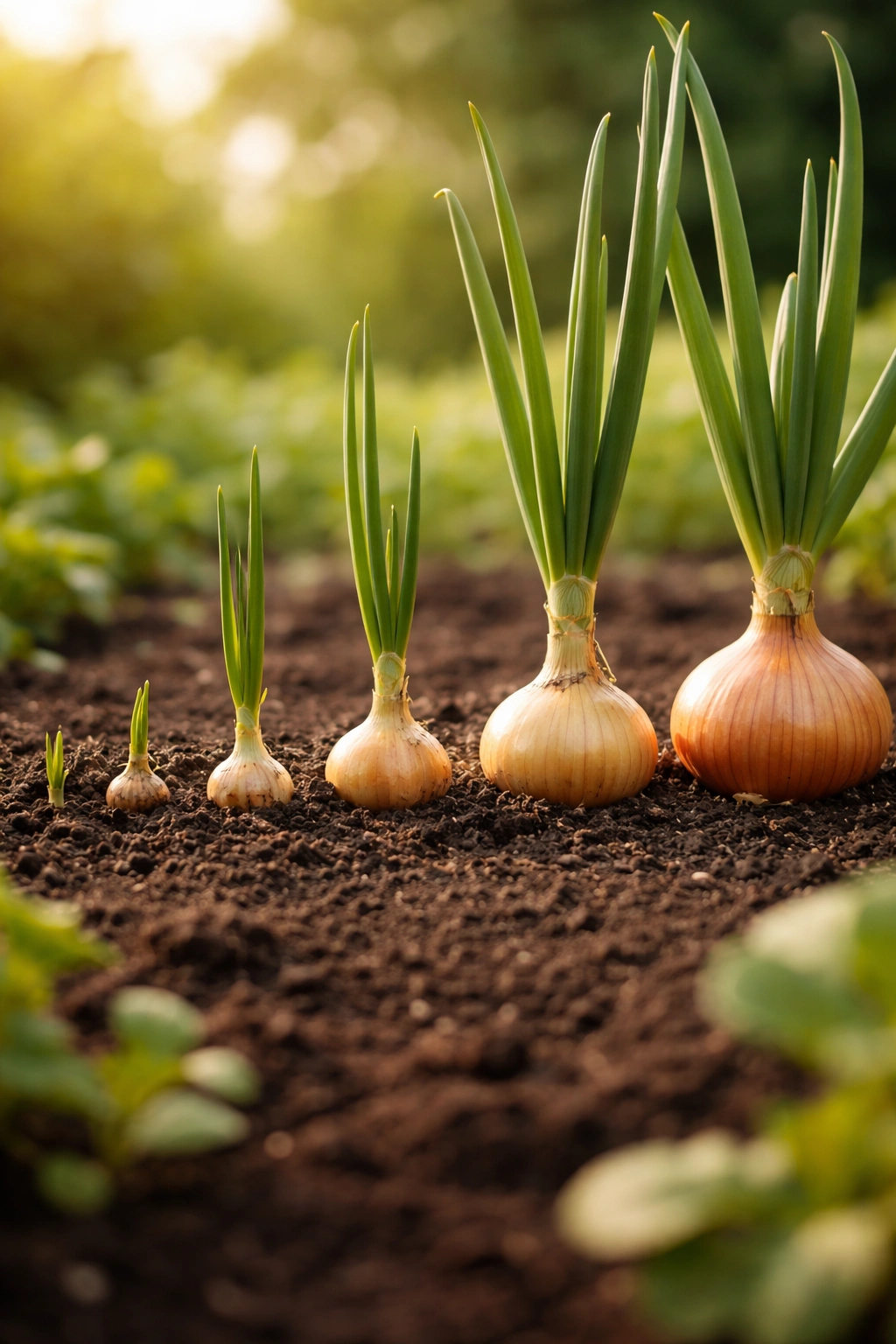 Row of onions at different growth stages in soil showing timeline progression