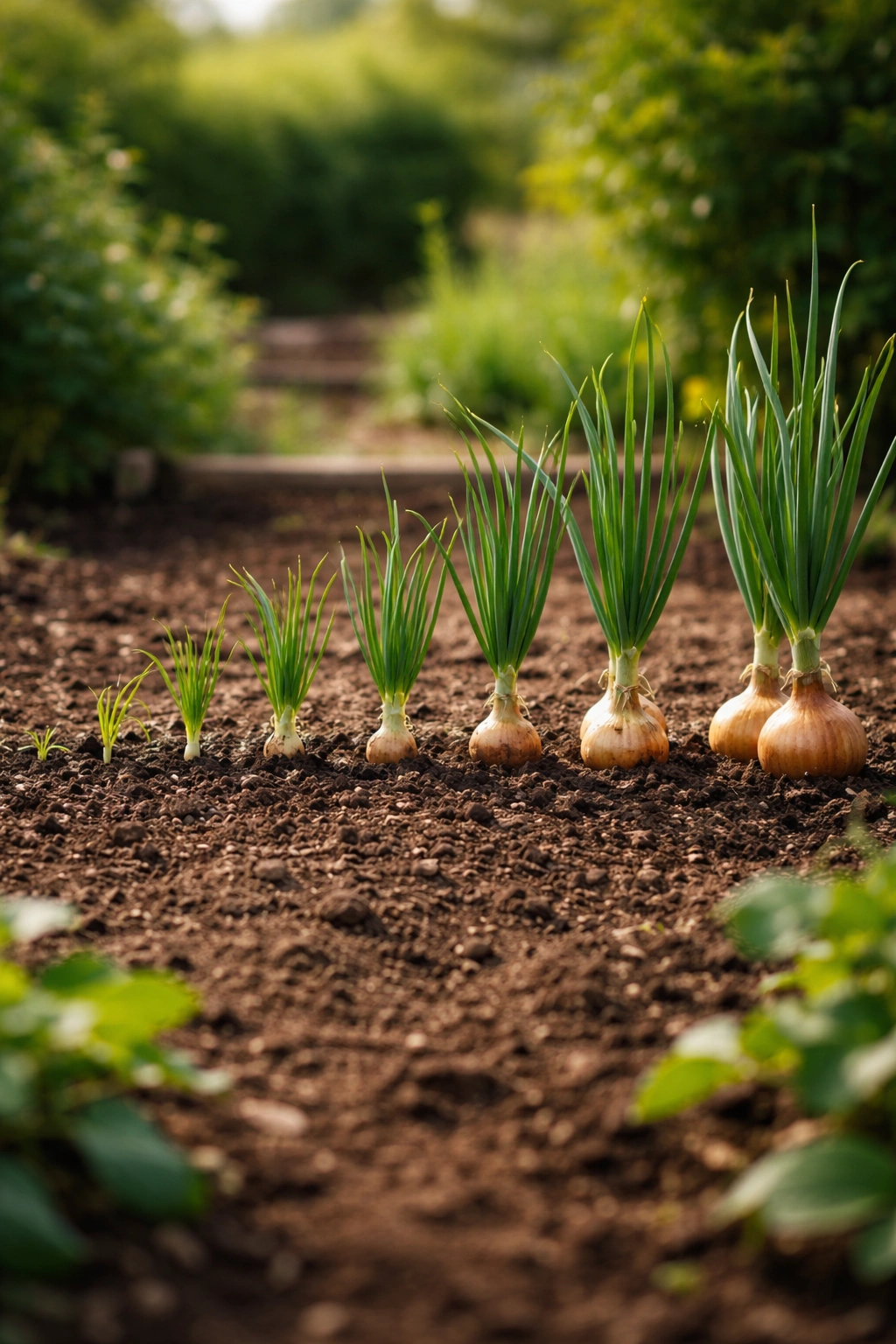 Onions at successive growth stages from seedlings to bulbs