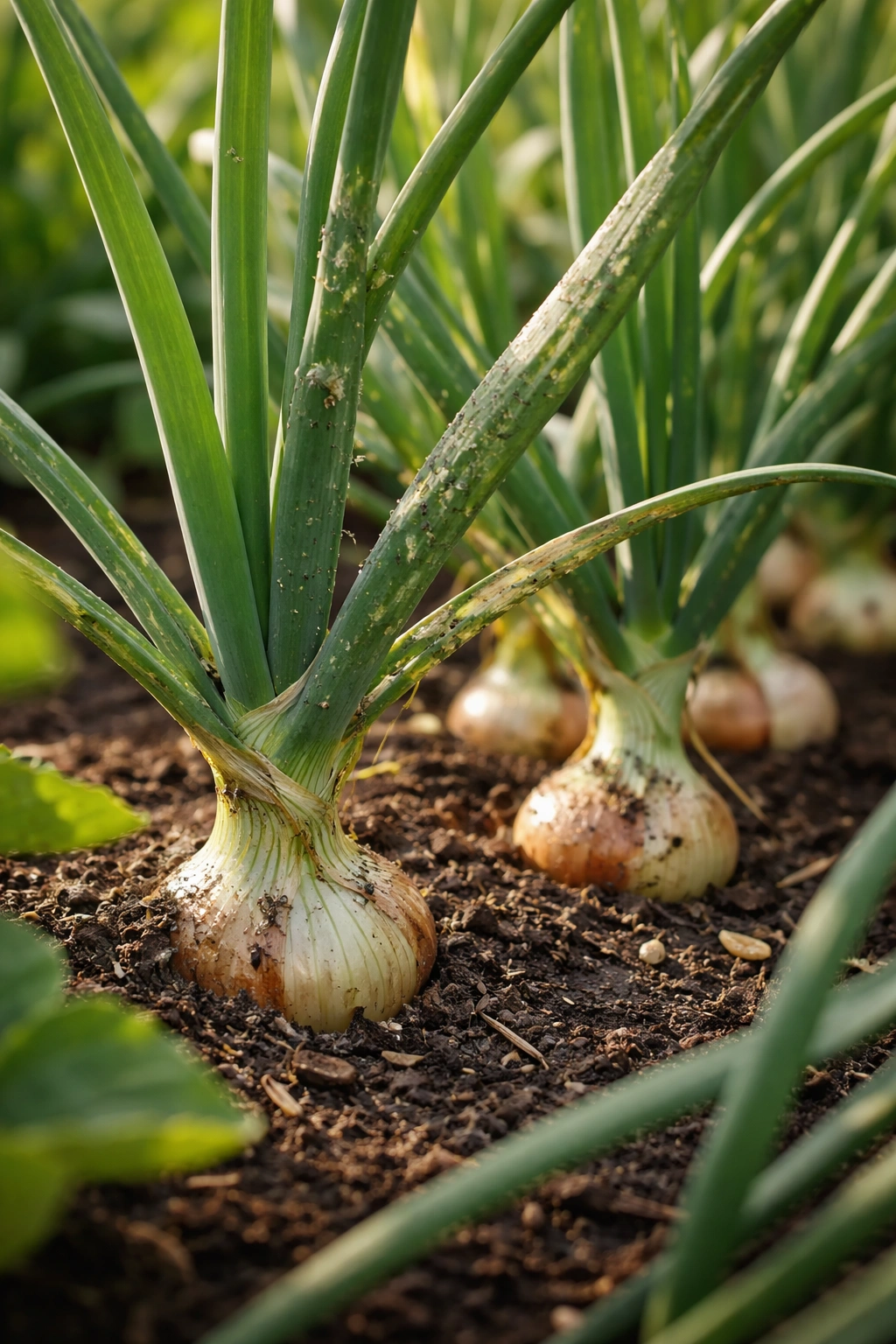 Onion foliage with signs of thrips damage in a garden bed