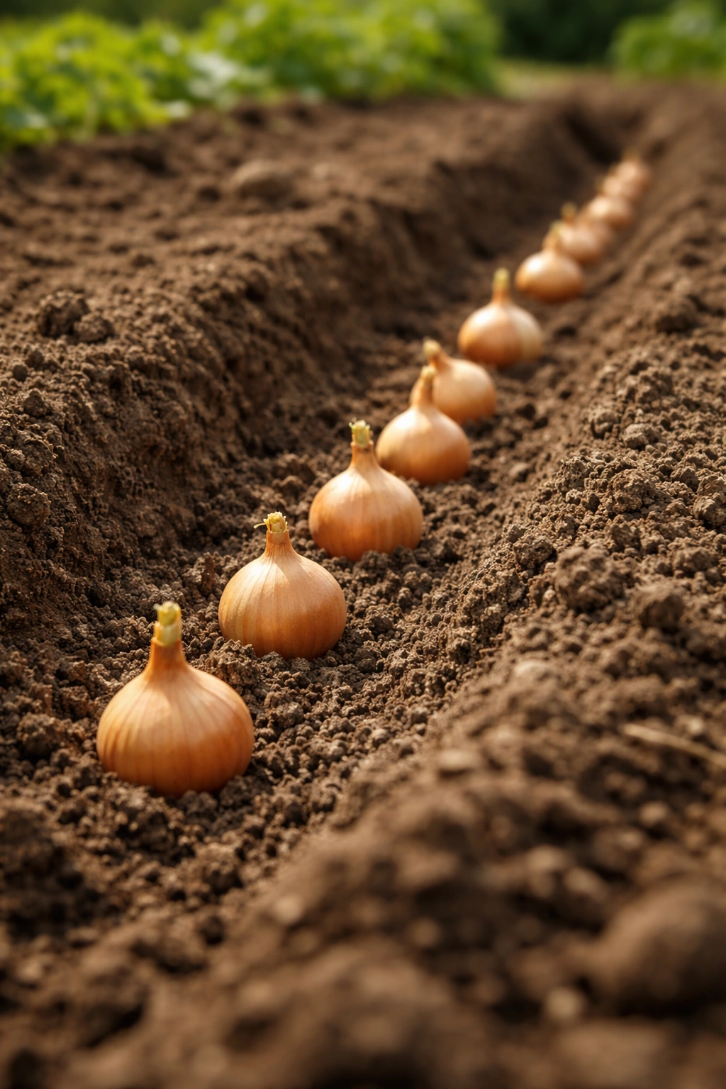 Onion sets planted in a furrow in garden soil