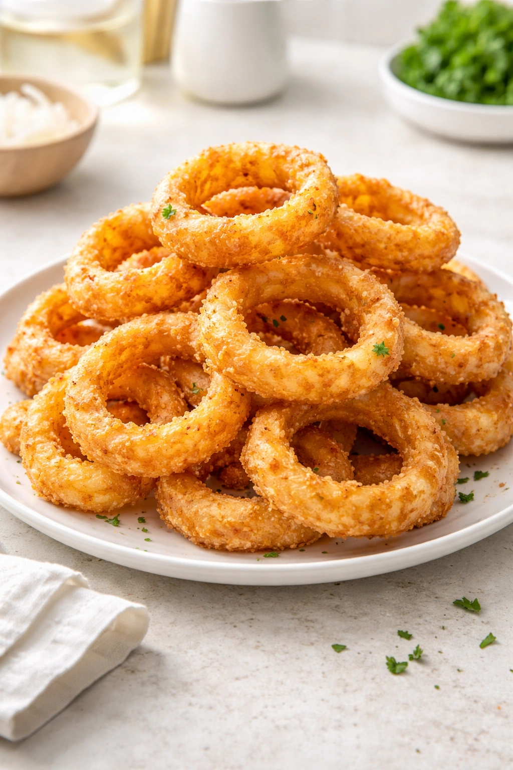 Crispy golden onion rings on a white plate