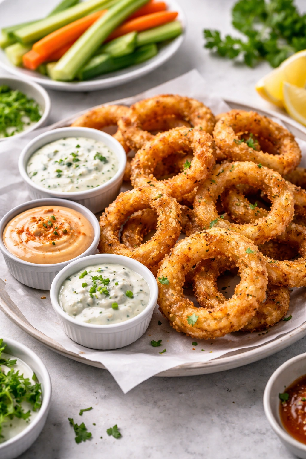 Onion rings with a dipping sauce in a small bowl for serving ideas