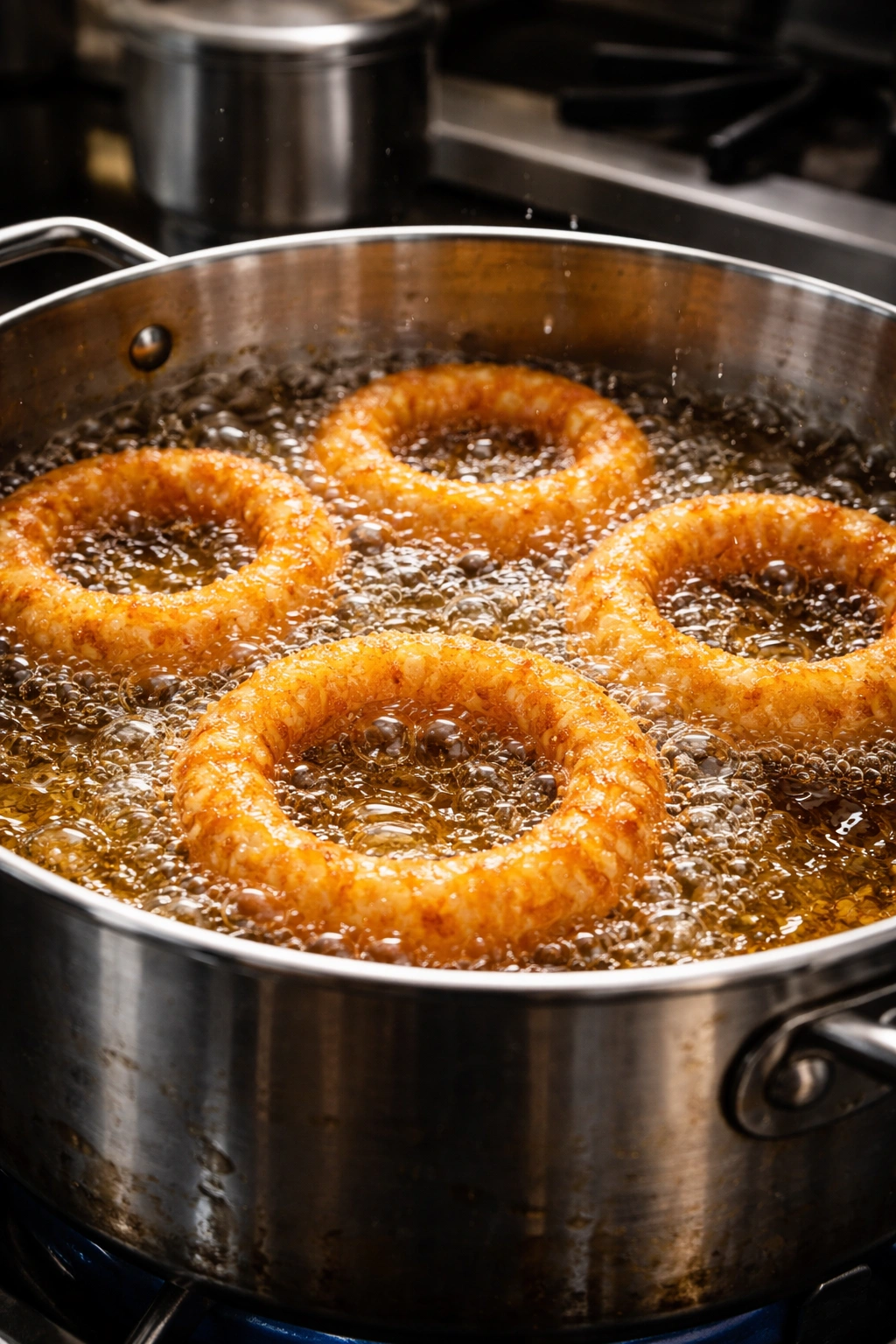 Onion rings frying in hot oil with shiny bubbles.