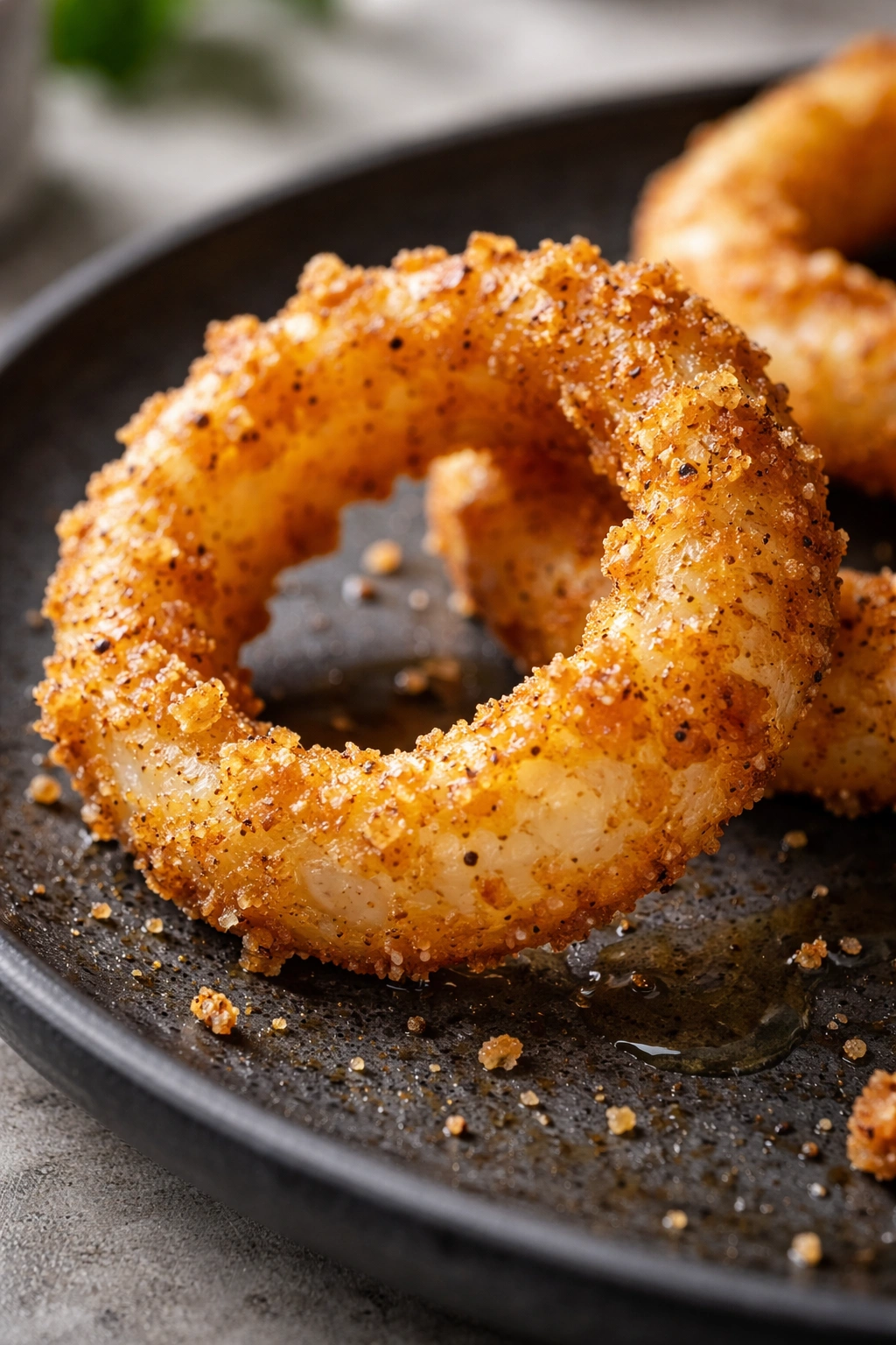 Macro close-up of a single onion ring with a crackly mayo-based crust.
