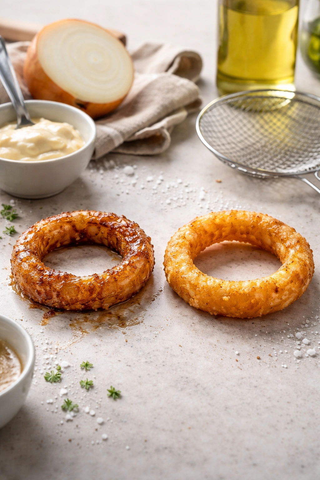 Two onion rings, one dark and one crisp, showing mistakes and fixes