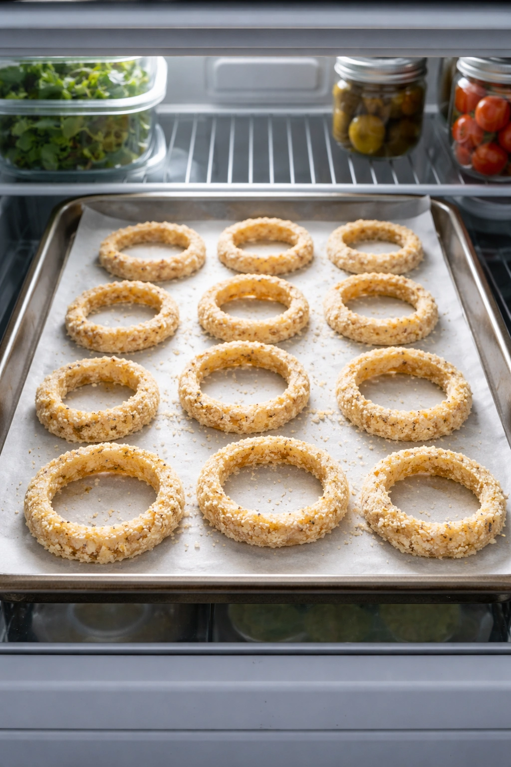 Coated onion rings on parchment-lined sheet in fridge for storage