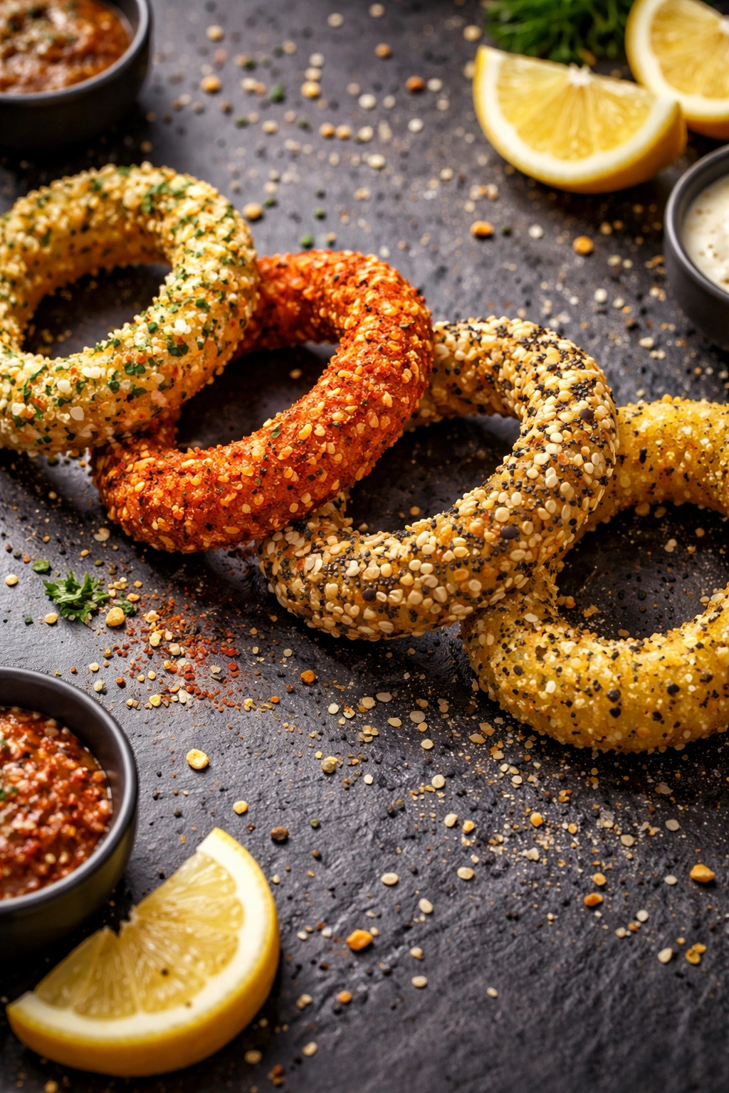 Close-up of four onion rings with varied crust coatings on a dark slate surface