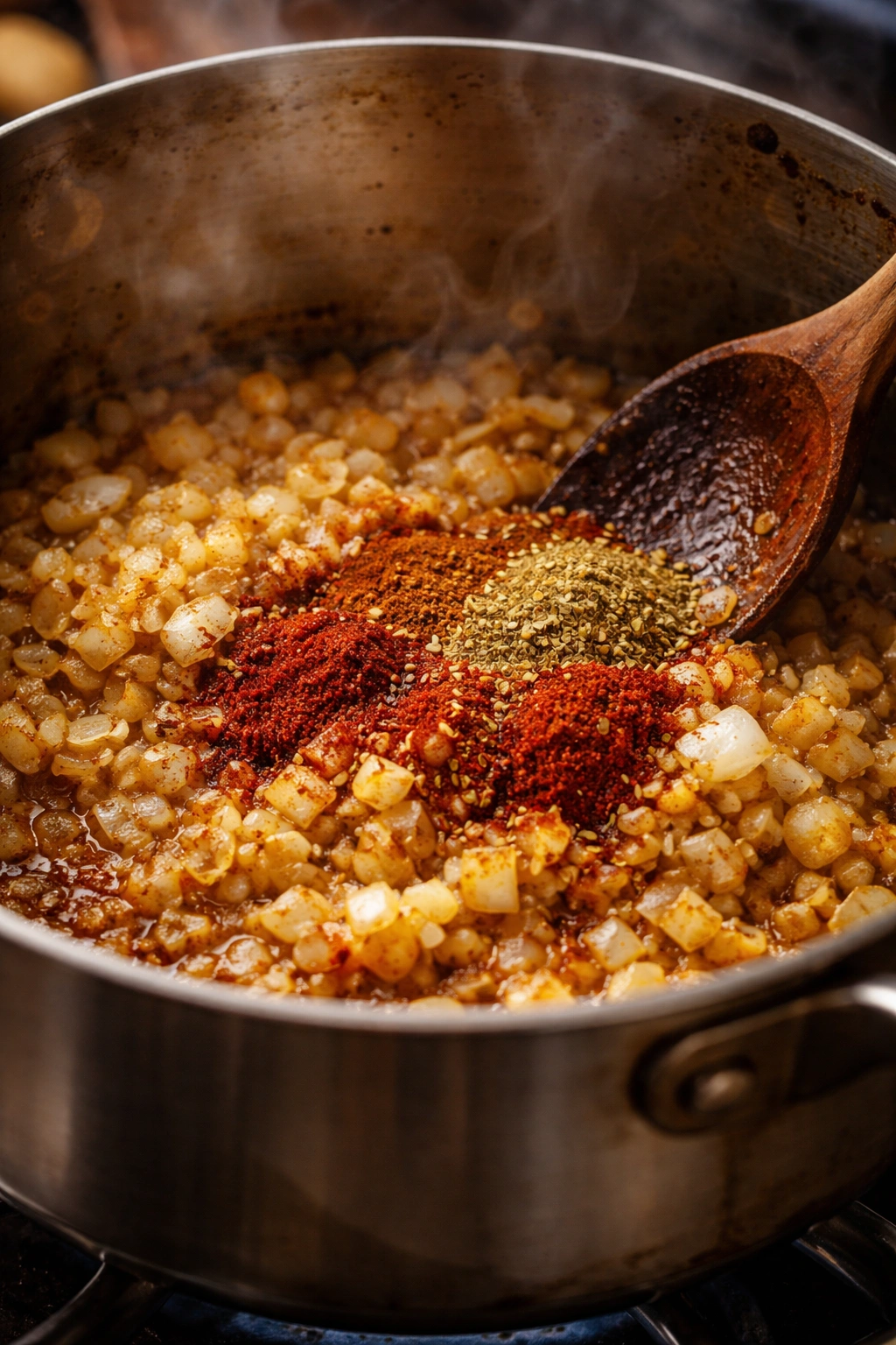 Diced onion sautéing in a pot, translucent edges with light golden color.
