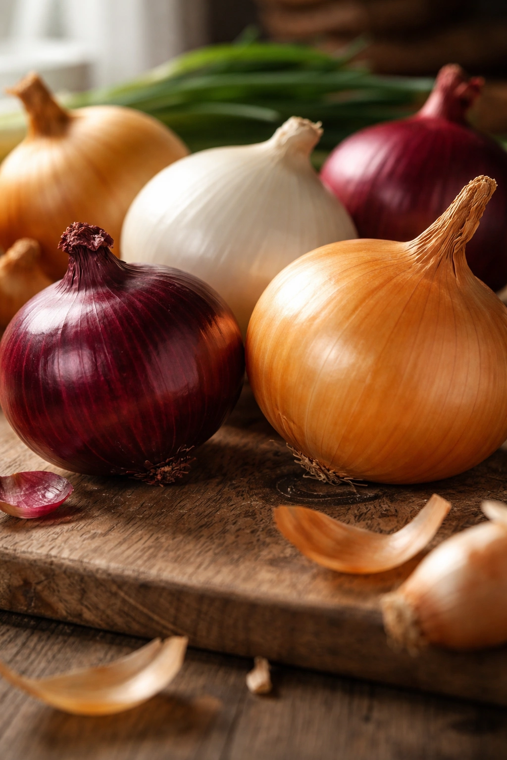 Close-up of yellow, red, and white onion bulbs on a wooden surface