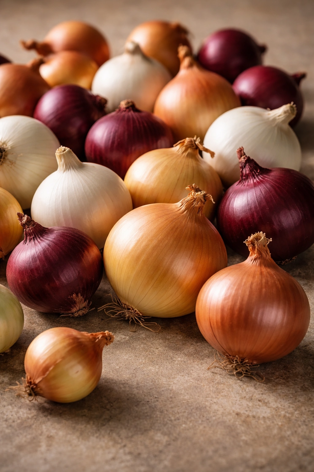 Assorted onion bulbs showing yellow, white, and red varieties
