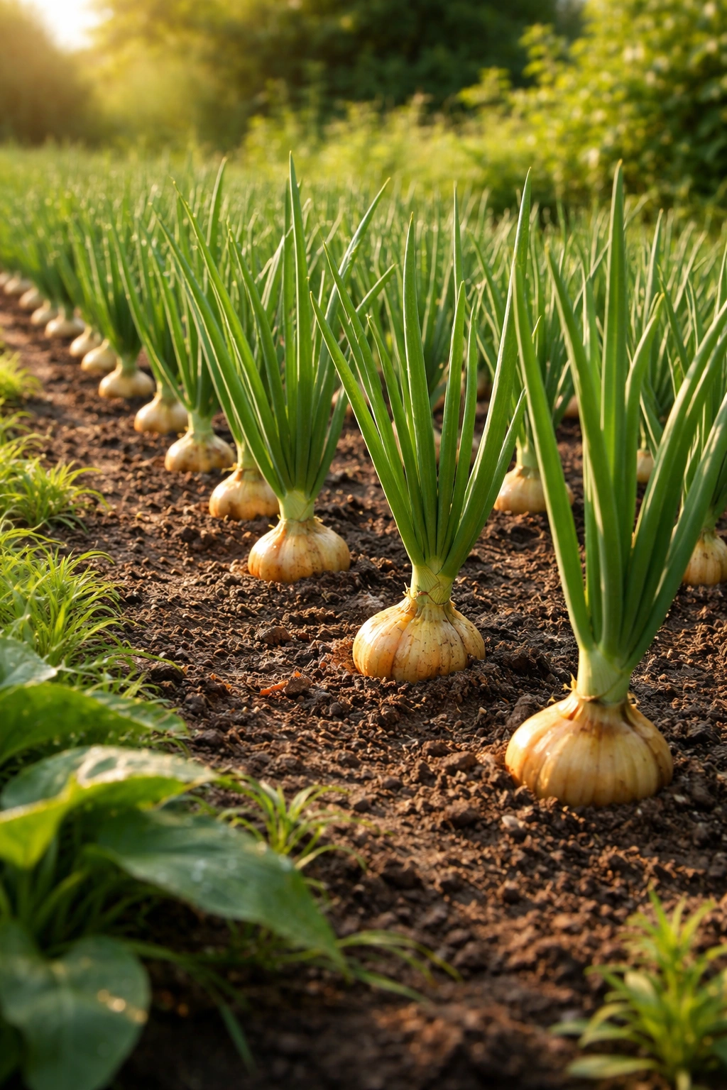 Healthy onion tops growing in evenly watered soil