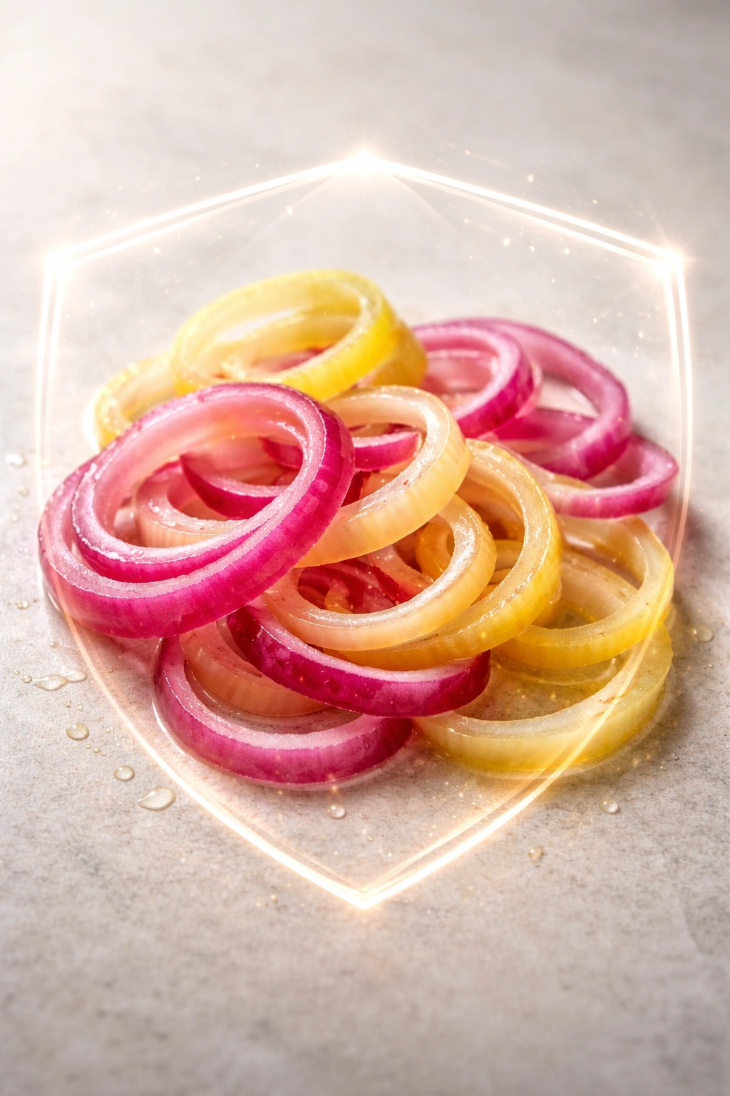 Onion slices with a protective glow symbolizing cancer risk reduction