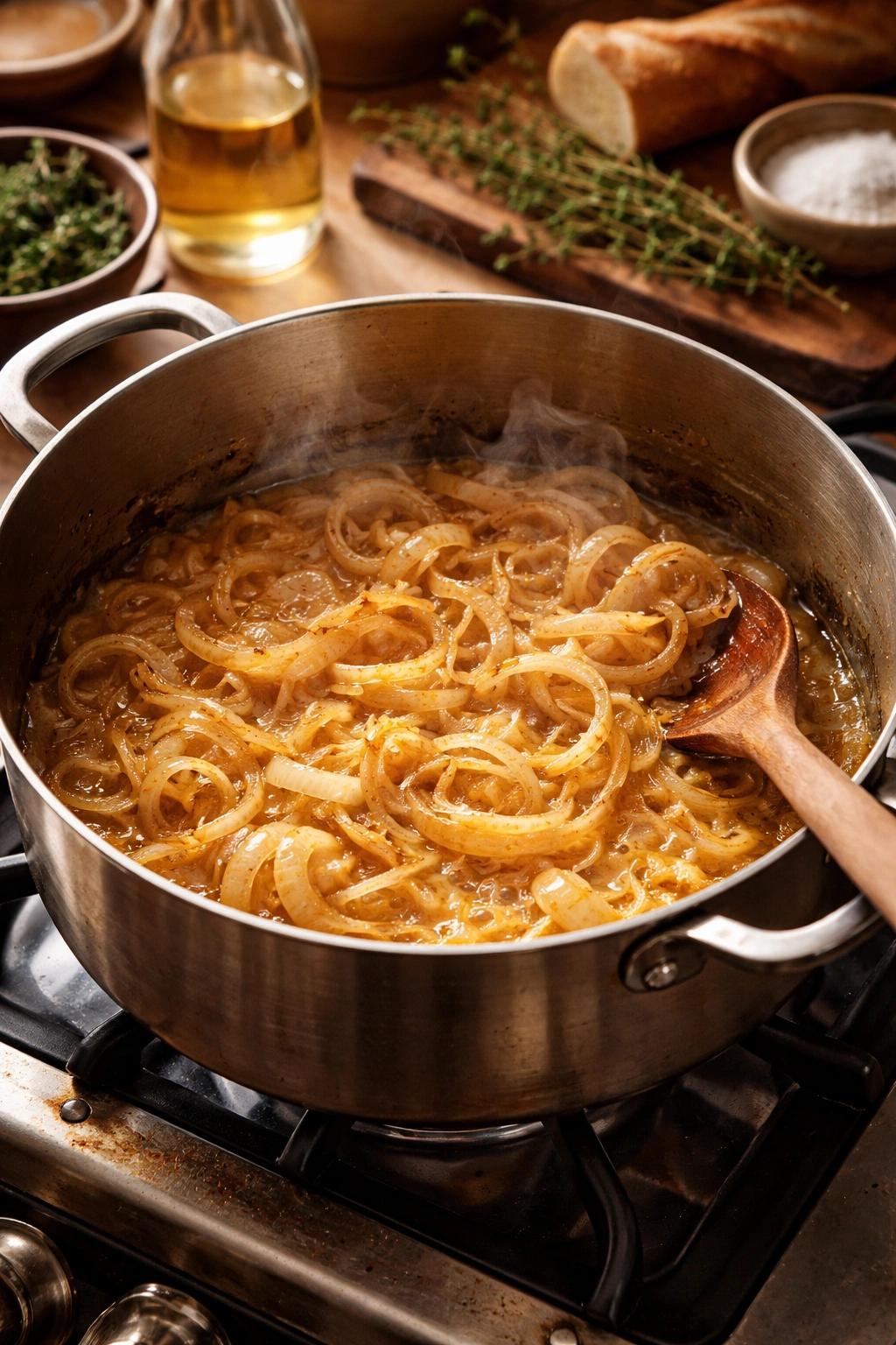 Onions caramelizing in a buttered pot for French onion soup