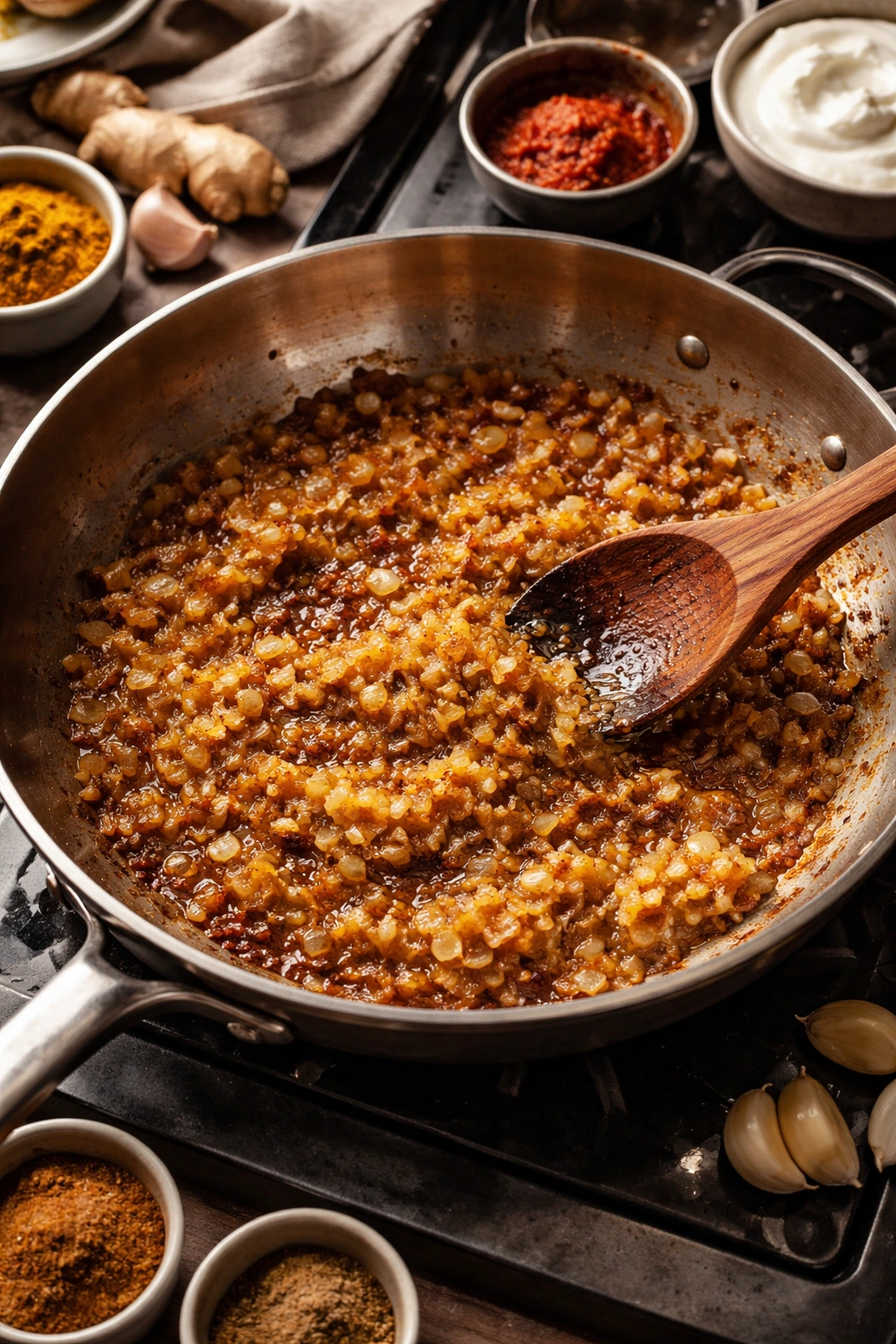 Onions caramelizing in butter as base for sauce