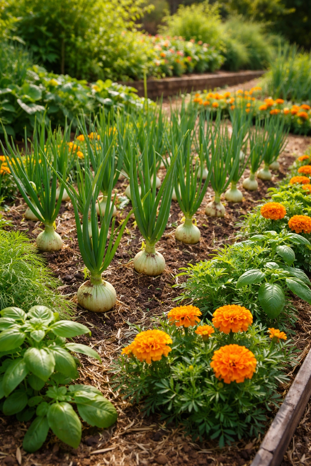 Onions with marigolds in a garden bed