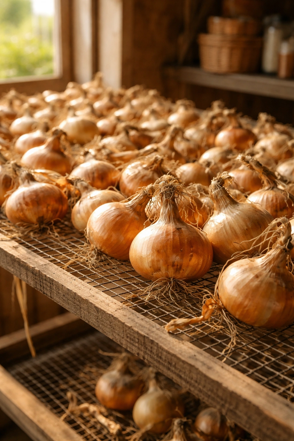 Onions curing on a drying rack in a warm, airy space