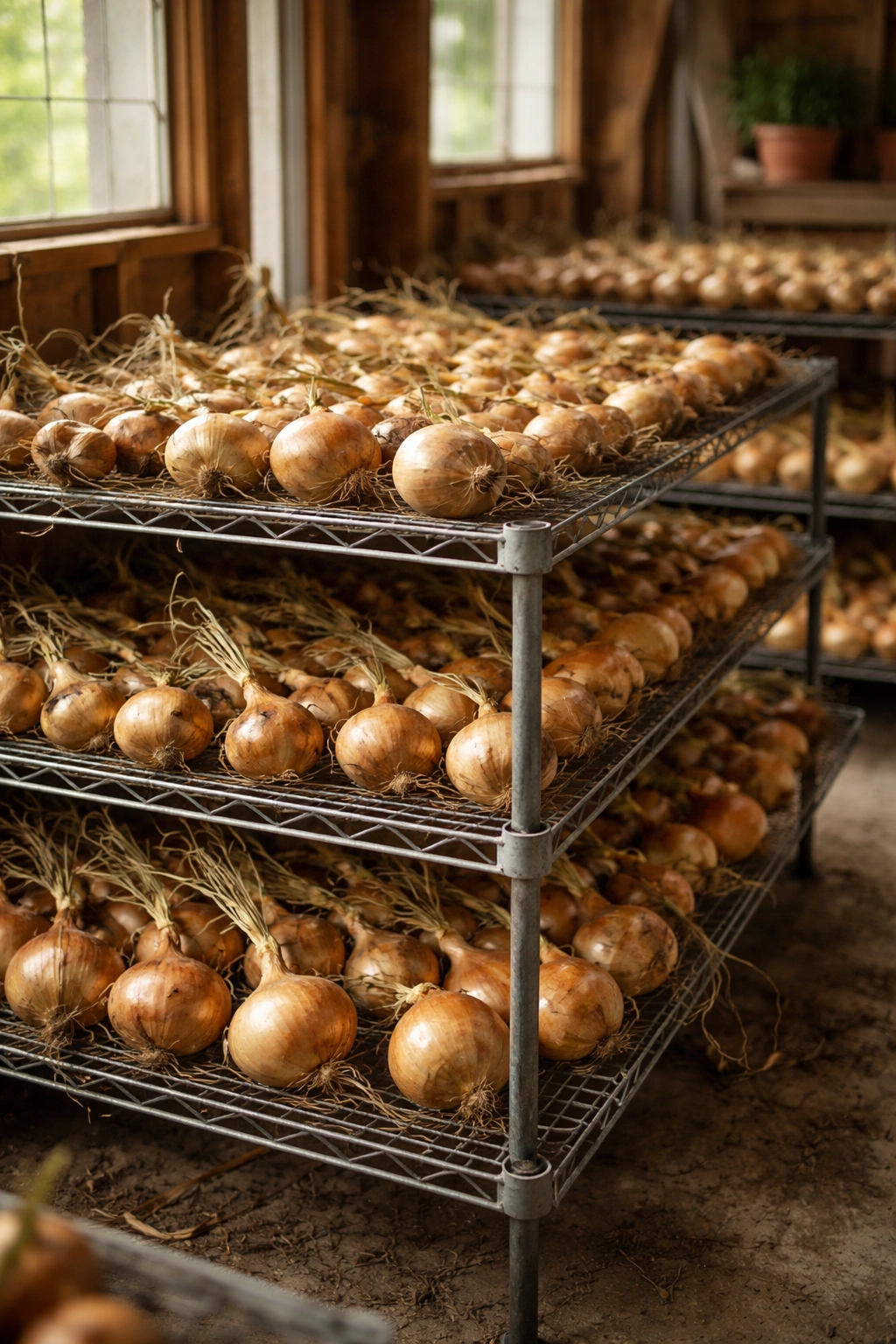 Onions drying on wire racks in a dry curing space
