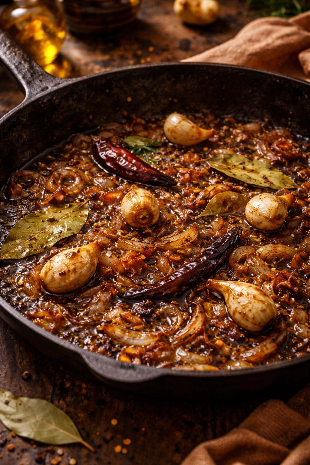 Caramelized onions and whole garlic sautéing in a pan