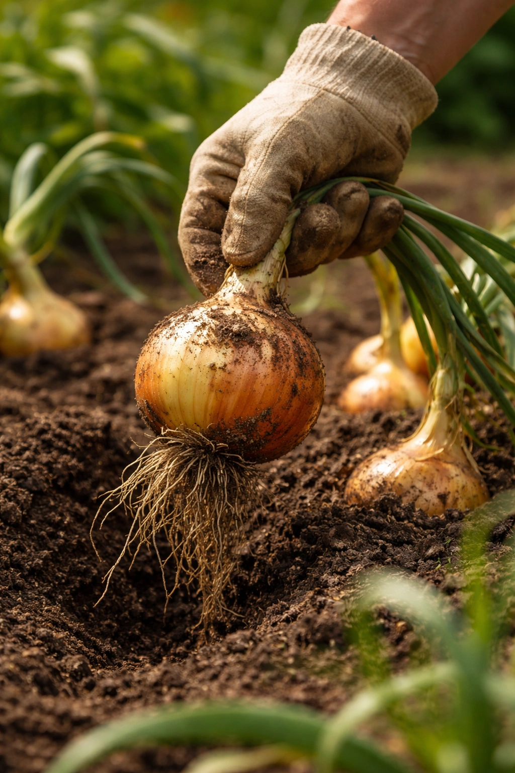 Gloved hand lifting a mature onion bulb from soil in a garden