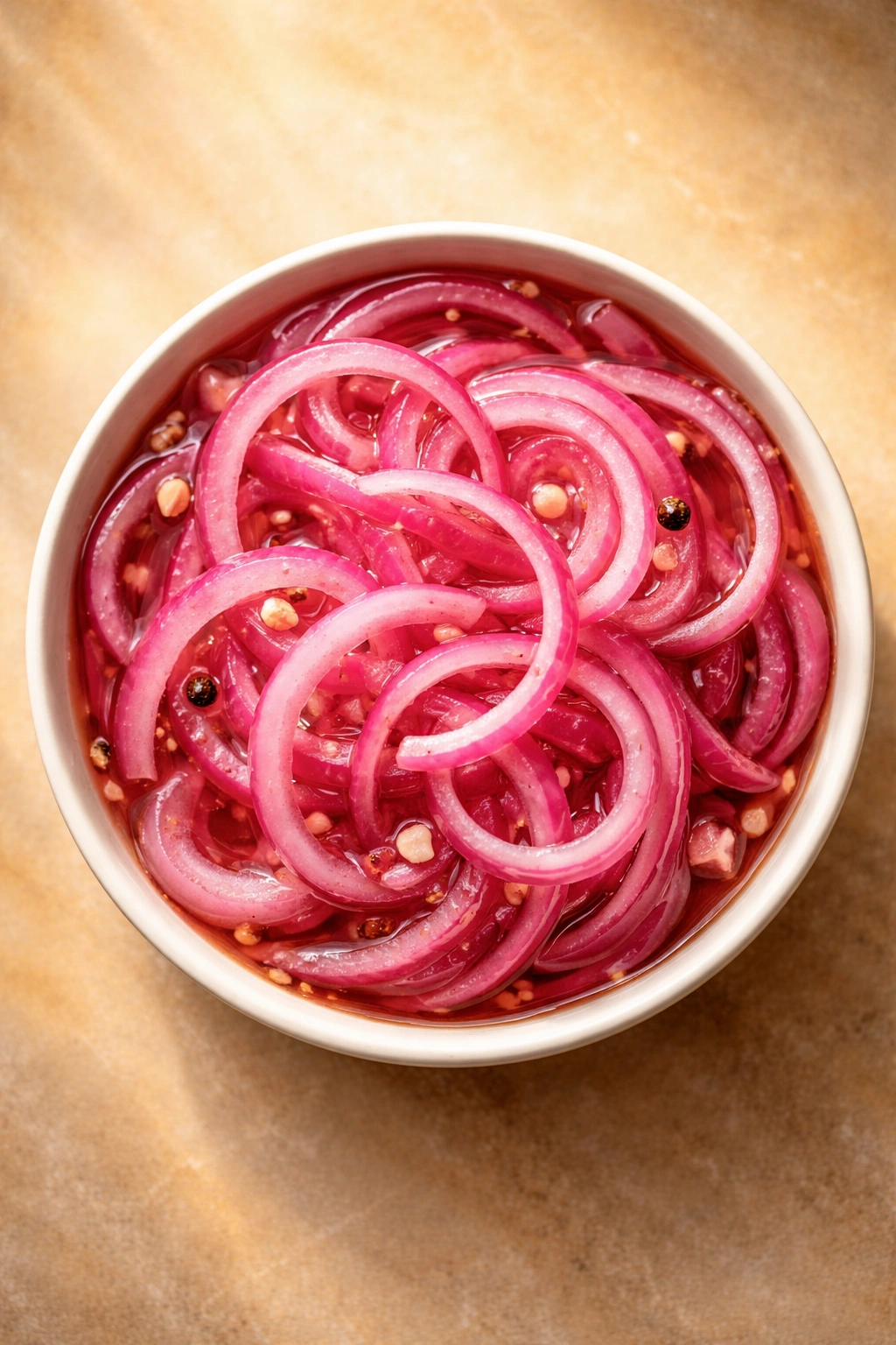 Bright pickled onion pieces arranged in a circle on a dish with warm backdrop