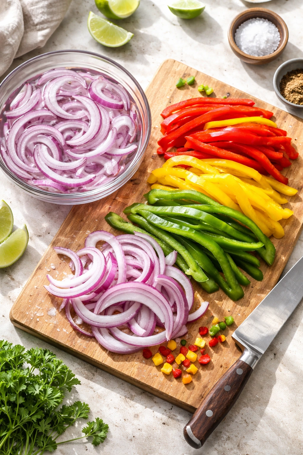 Onion slices soaking in water with peppers on cutting board