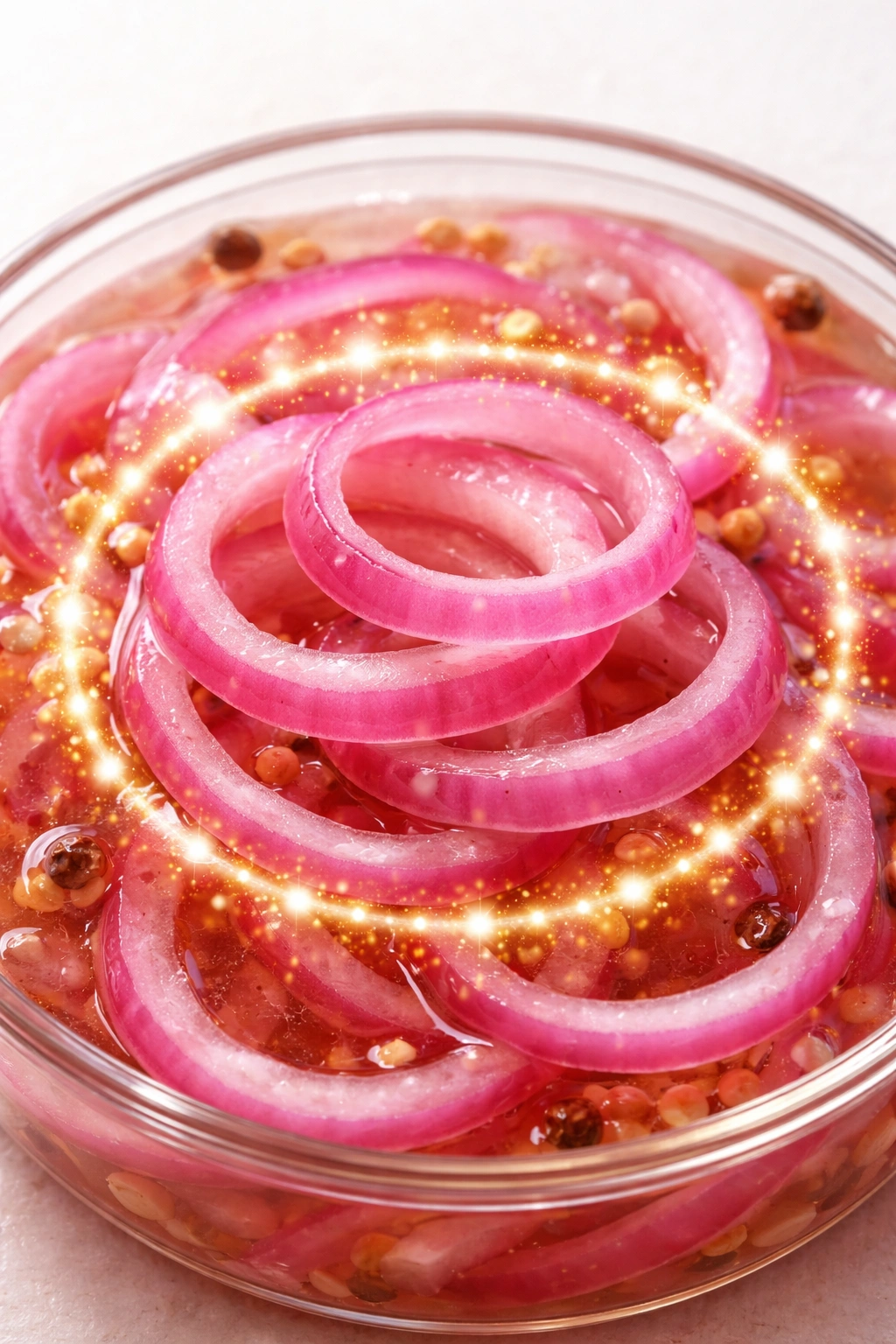 Pickled onions with glowing spheres representing nutrient absorption