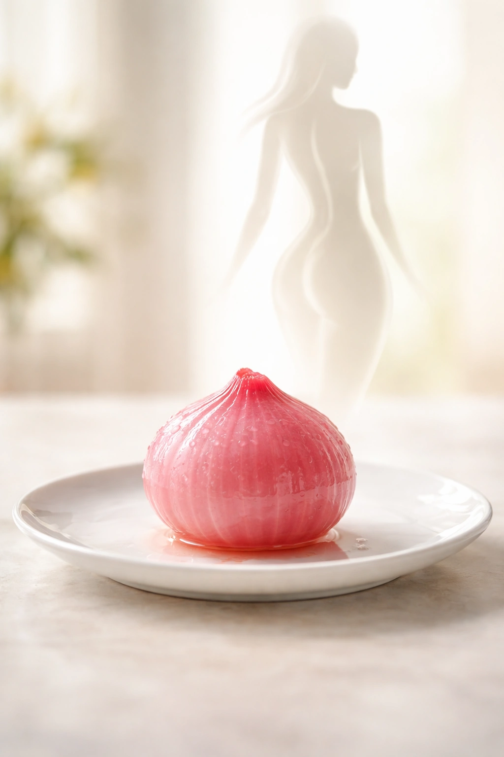 Single pickled onion with light outline of a lean figure behind it